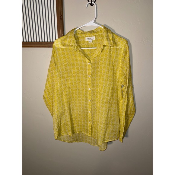 Velvet by Graham & Spencer Yellow Medallion Print Cotton Button Down Shirt M - Picture 2 of 9